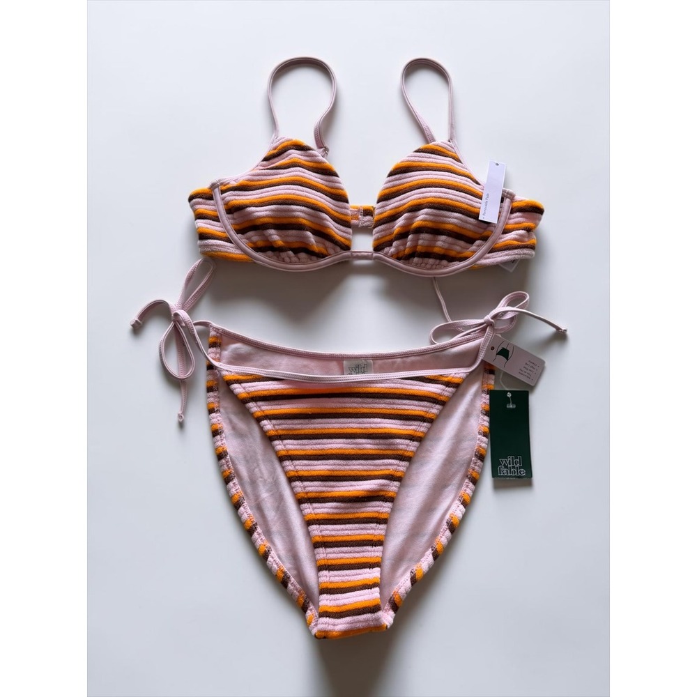 Wild Fable Pink Orange Striped Underwire Bikini Set High Leg Terry Swimsuit M